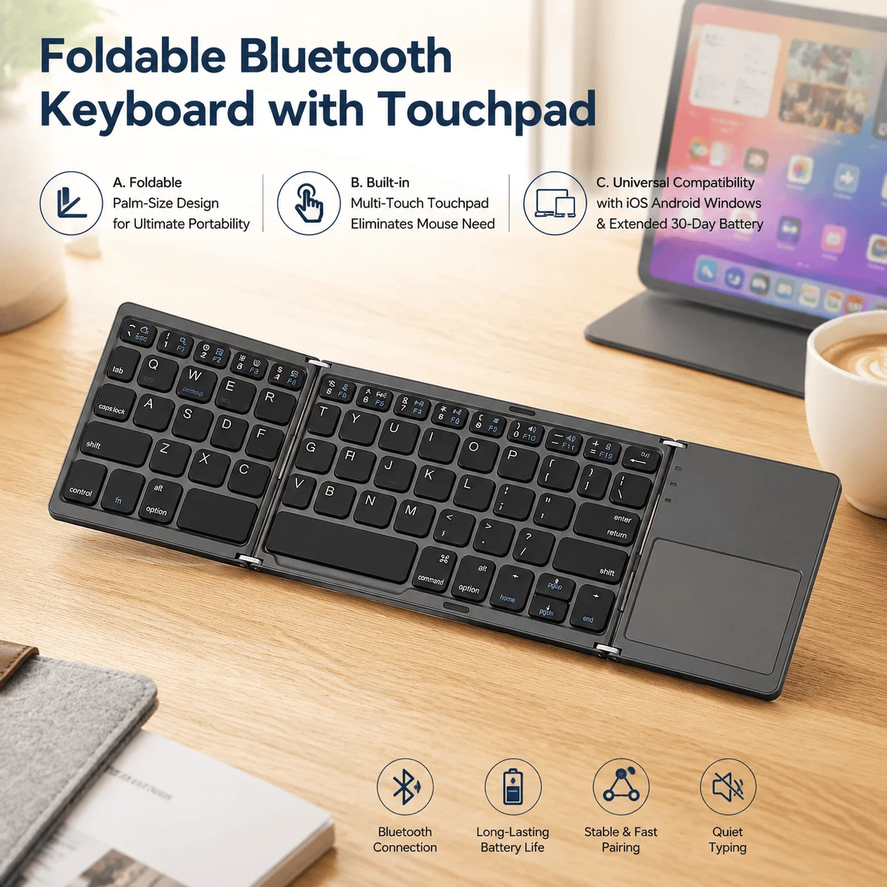 Portable Pocket Sized Foldable BT Keyboard Mini Wireless Keyboard with Touchpad for Android Windows PC iOS Ergonomic Triple Folding Design Compact Travel Accessory for Typing and Working on the Go Ultra Slim Profile