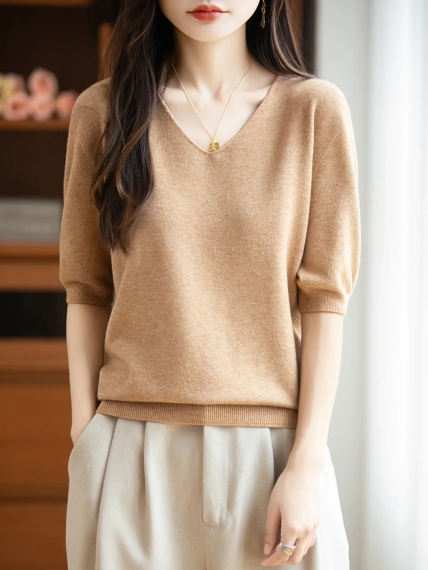Seamless V-Neck Five-Quarter Sleeve Thin Knitted Top Loose Fit Overhead Commute Style Women's Spring Summer Breathable Soft