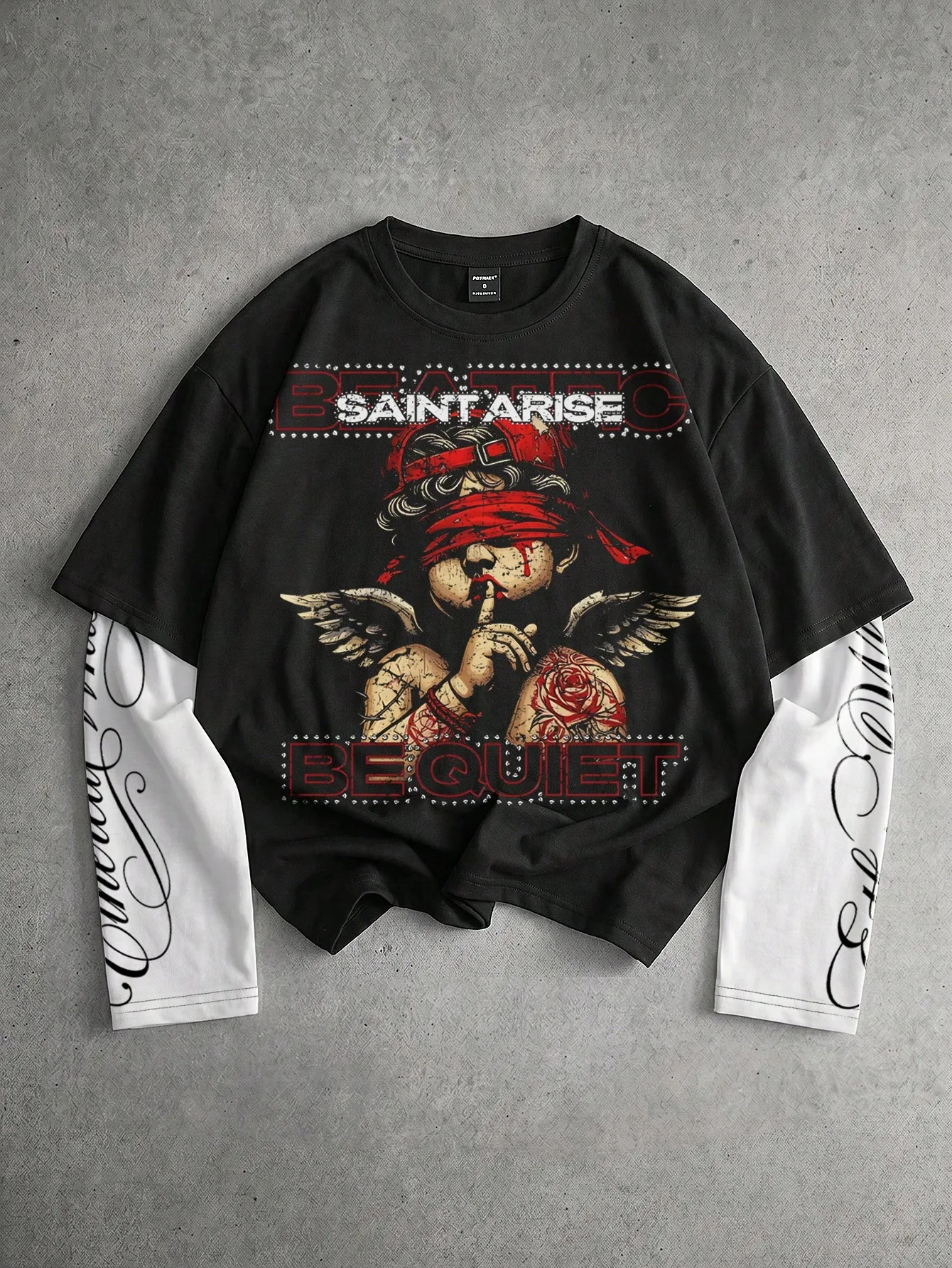Stylish Gothic Fake Two‑Piece Long Sleeve Bold Red Eye Pattern Spliced Tee Autumn Hype Dark Punk Street Aesthetic Quality Tops