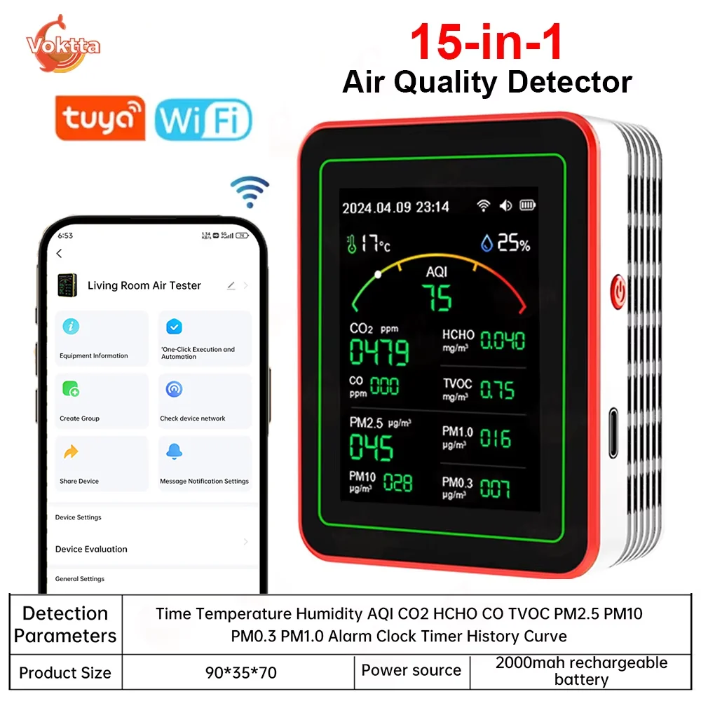 

Tuya WiFi 15-in-1 Air Quality Detector CO2 HCHO TVOC PM1.0 PM2.5 PM10 Tester Household Temperature Humidity Meter APP Control