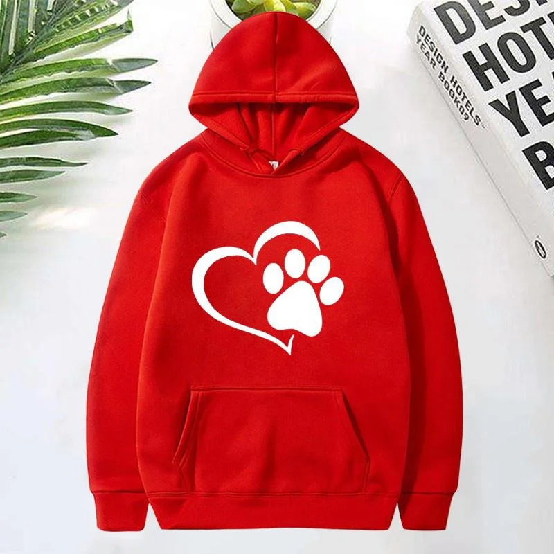 Cute Dog Paw and Heart Shape Print Hoodies Women Casual Long Sleeve Hoodies Autumn Winter Pullovers Plus Size