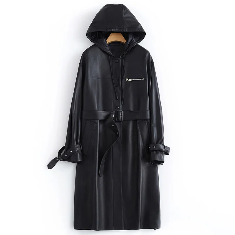 Gabardina larga de cuero sintético para mujer, abrigo impermeable de manga larga con capucha y cinturón, color negro, para primavera y otoño, 2024