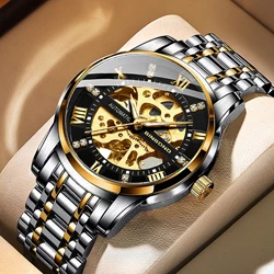 Transparent Fashion Case Luxury Casual Design Leather Strap Mens Watches Top Brand Luxury Mechanical Skeleton Watch 6020