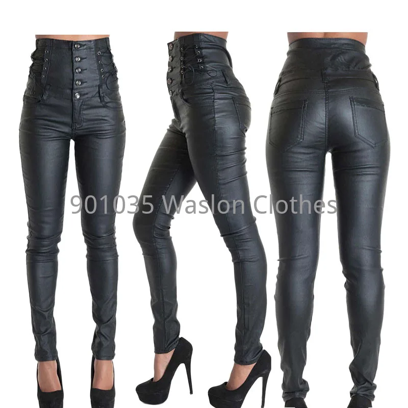 

Женские брюки в стиле панк с высокой талией и пряжкой на ремешке, декоративное покрытие, брюки из искусственной кожи, эластичные мото леггинсы, брюки из искусственной кожи