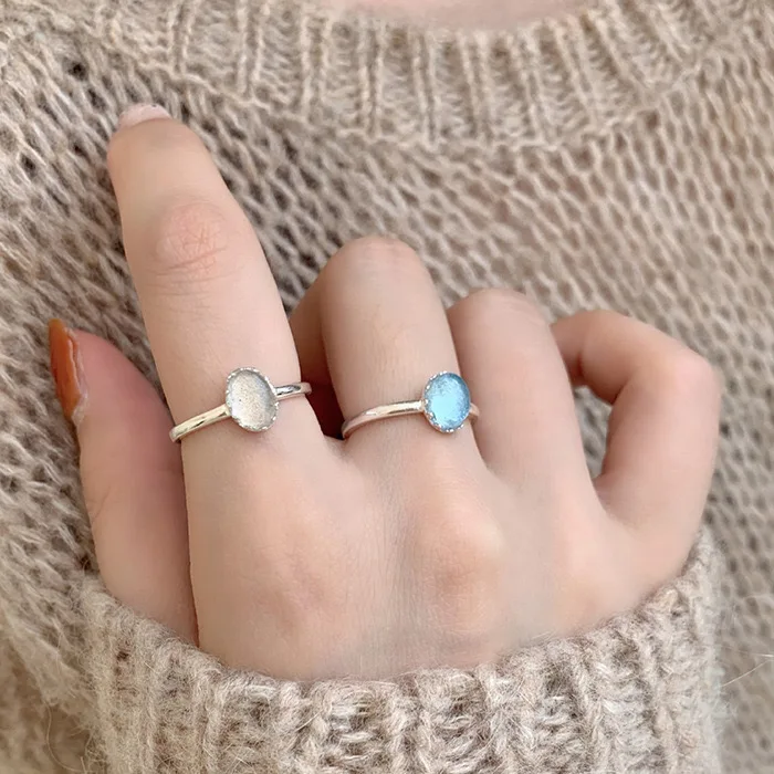 925 Sterling Silver Simple Ring For Women Fine Jewelry Finger Adjustable Open Vintage Blue Stone Ring For Party Birthday Gift