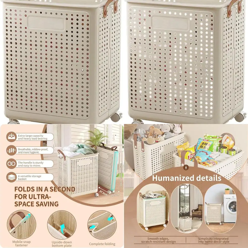 

Collapsible 42L Laundry Hamper with Wheels for Small Spaces, Dorms, and Apartments, Breathable Bin in Cream White