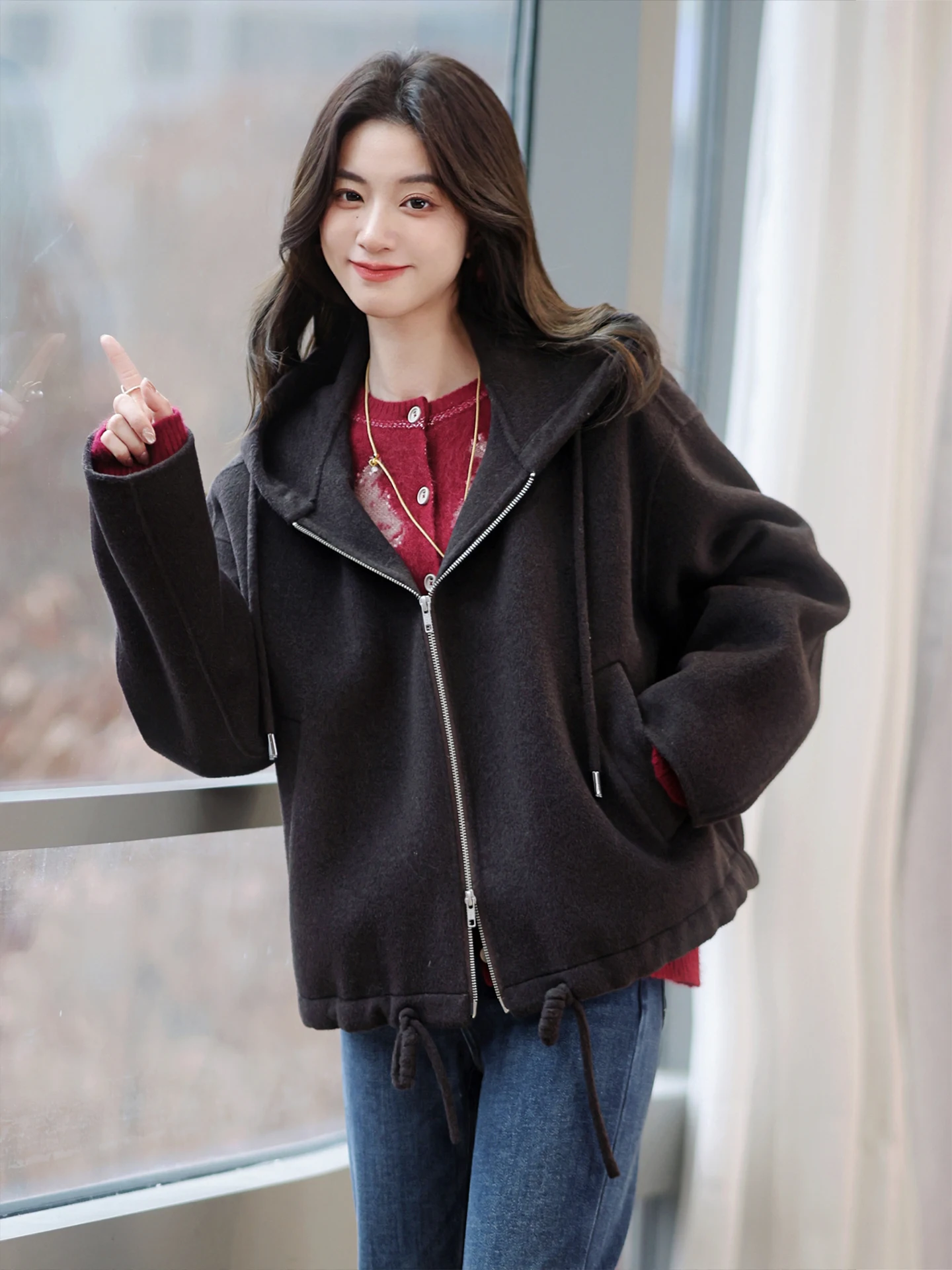 

Куртка ZhaodaXi из шерстяной смеси с кашемиром, короткая, женская, зимняя, стильная, цвета орех, модный городской стиль, на молнии