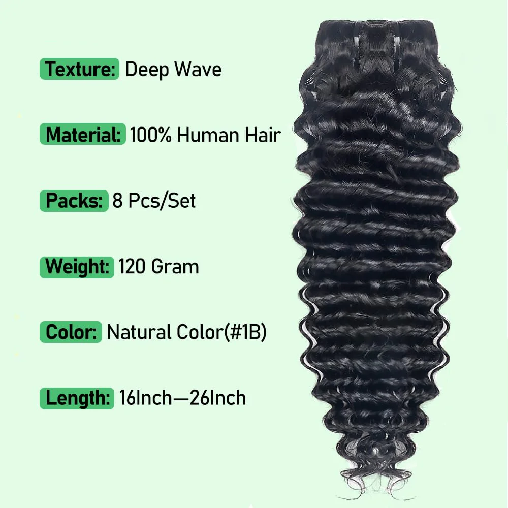 Extensions de Cheveux Humains Bouclés à réinitialisation pour Femme, Deep Wave, Brésilien, Remy, Noir Naturel 1B, 8 Pièces, 18Clips