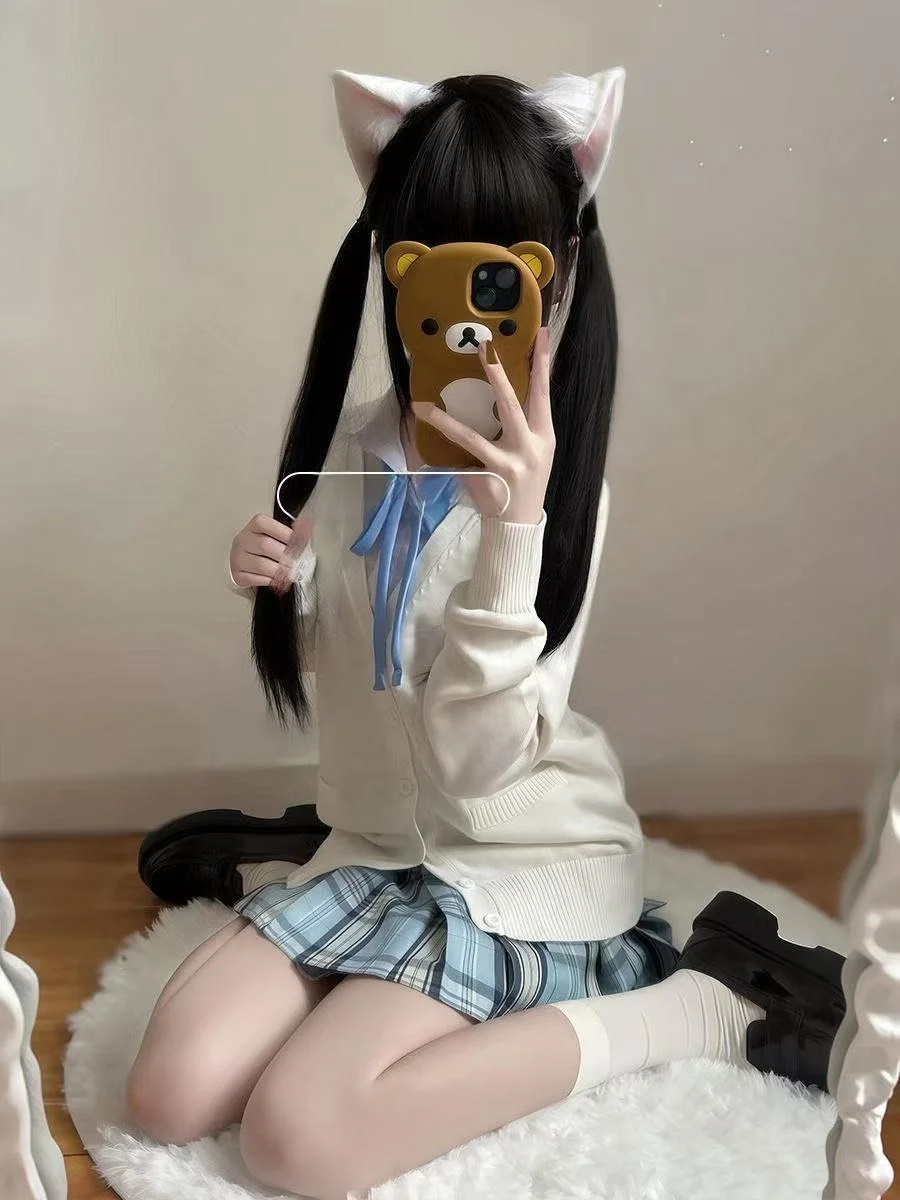 

Японский Sle JK orm Вязаный свитер Long Sve Открытый кардиган Верхняя одежда Ленивый Sle Простой свитер Джет с комплектом юбки