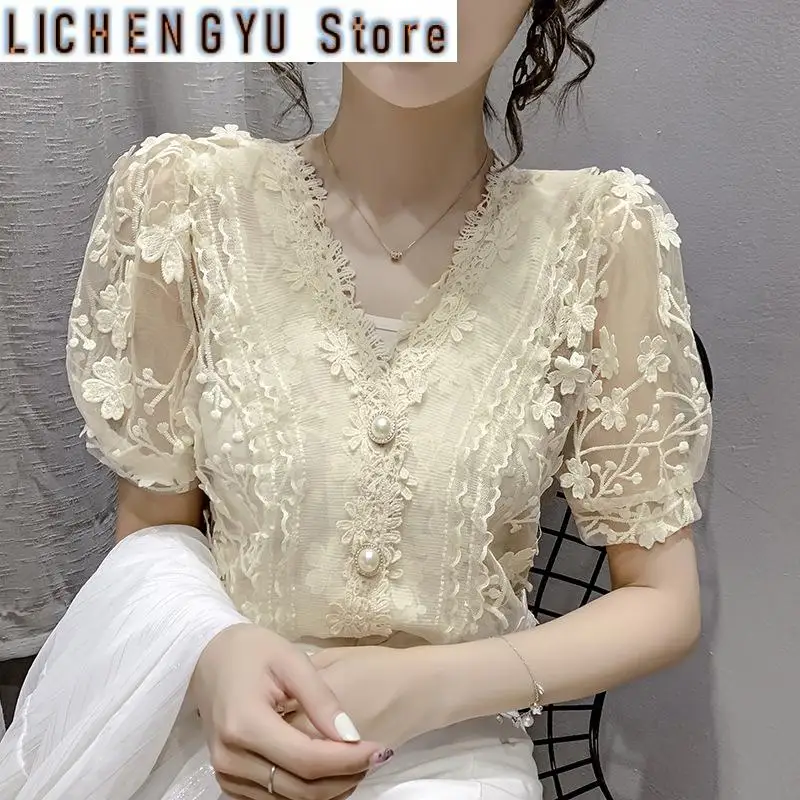 New Lace Tops Pearls V-neck Chiffon Short Sleeve Shirt flower Blouse Printed Floral Transparent Women Sexy Crop Top Blouses