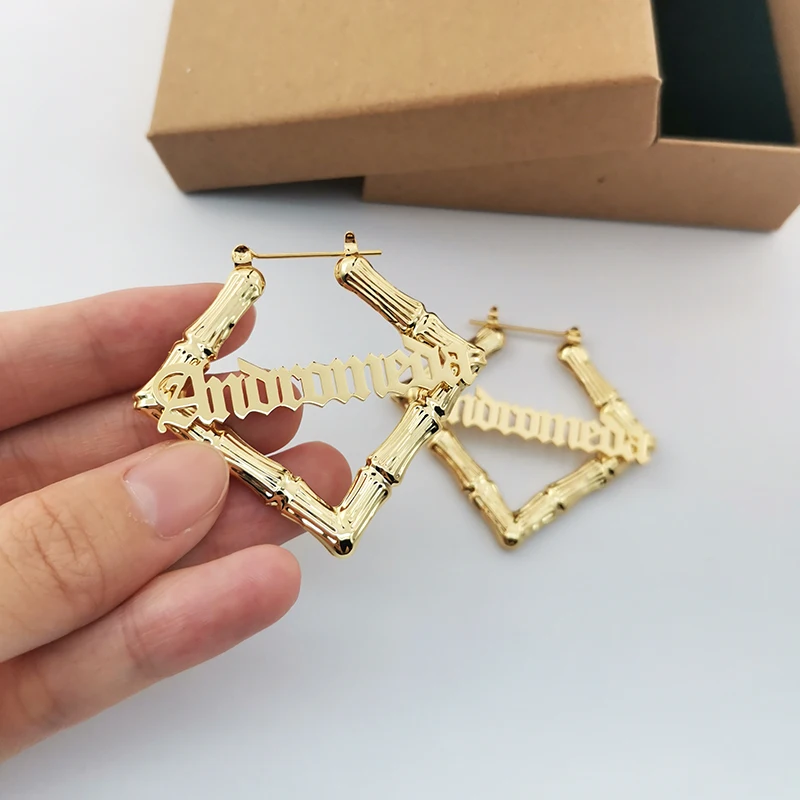 

50/70/90mm Stainless Steel Bamboo Squar Shape Earrings Custom Name Bamboo Earrings Personality Name Drop Earring Hip-hop Sexy