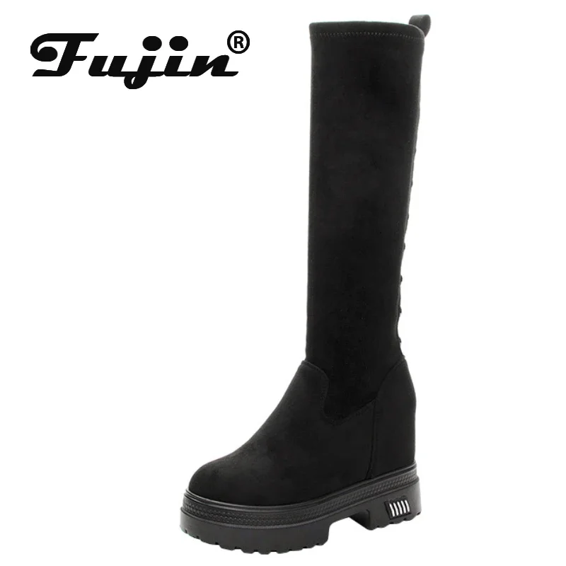 Fujin 9.5cm Stretch Fabric Platform Wedge Sock Knee High Women Plush Winter Knitted Boots Autumn Spring Slip on Microfiber Shoes