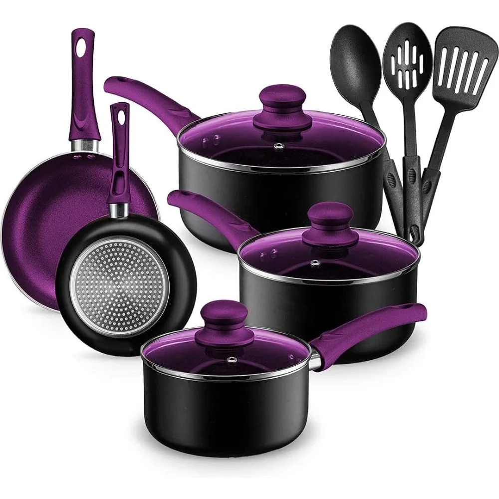

Pots And Pans Set Kitchen Cookware Sets Nonstick Aluminum Cooking Essentials 11 Pieces Purple