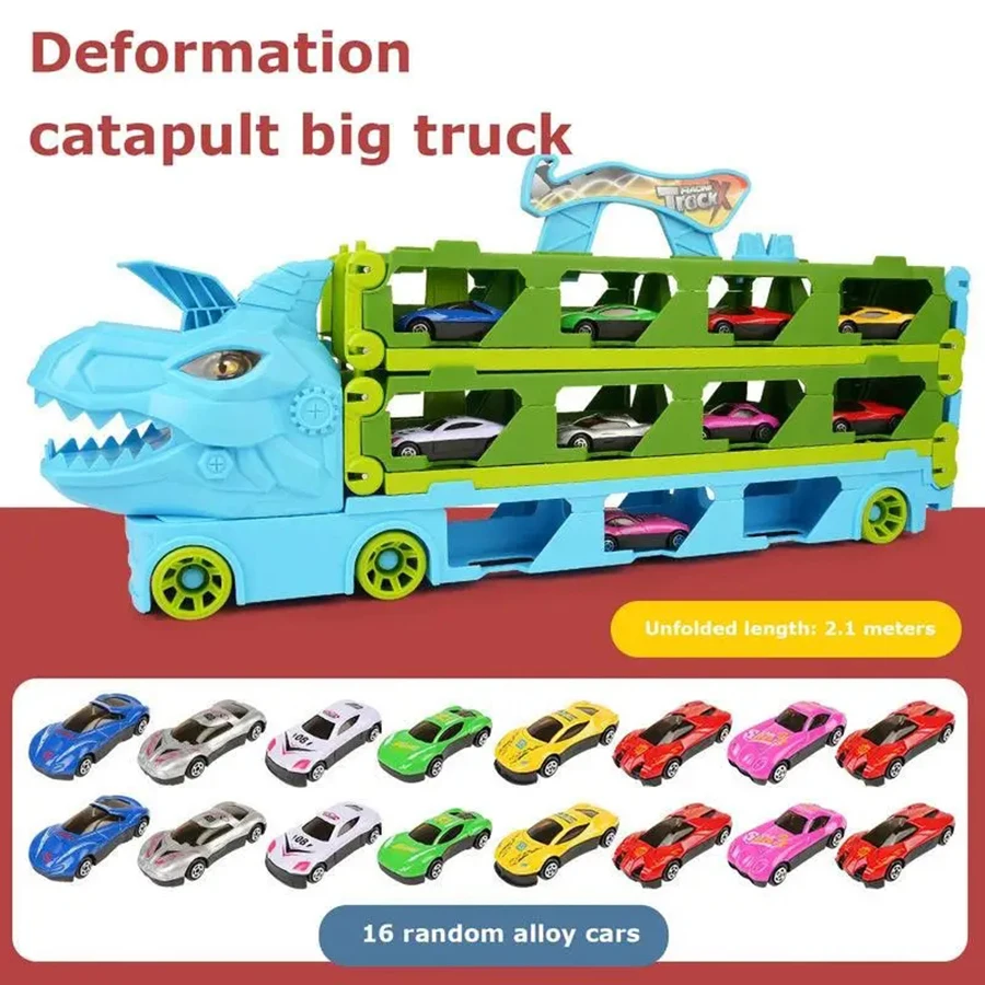 Car Carrier Truck Toy Dinosaur Track Hauler Truck With Ejection Race Track Transport Car Carrier Truck Gift For 3 4 5 Boys