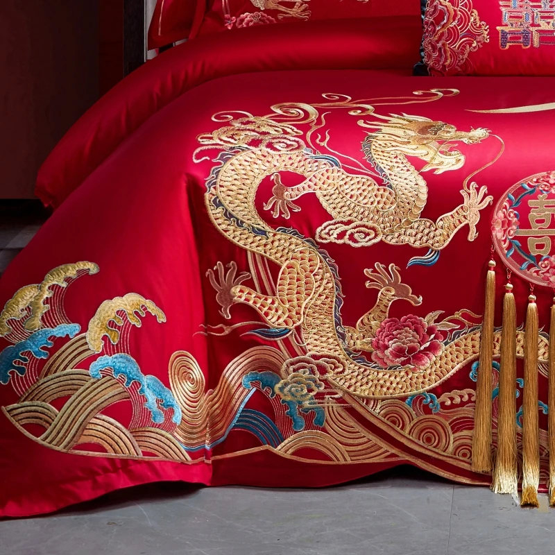 Chinese Wedding Bedding Set Golden Tassels Loong Phoenix Embroidery Red Polyester/Cotton Duvet Cover Bed Sheet Pillowcases