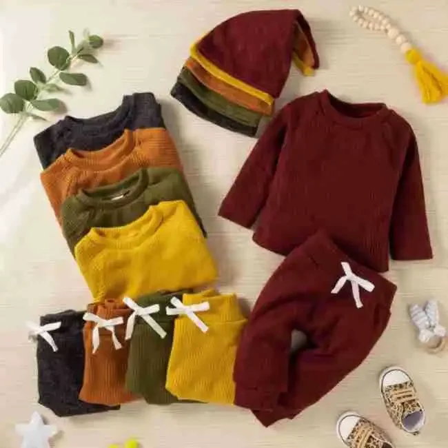 

0-24 Months Baby Girl Suit Autumn New Newborn Casual Solid Color Long Sleeve T-shirt+trousers+Hat 3pcs Set Infant Boy Outfit