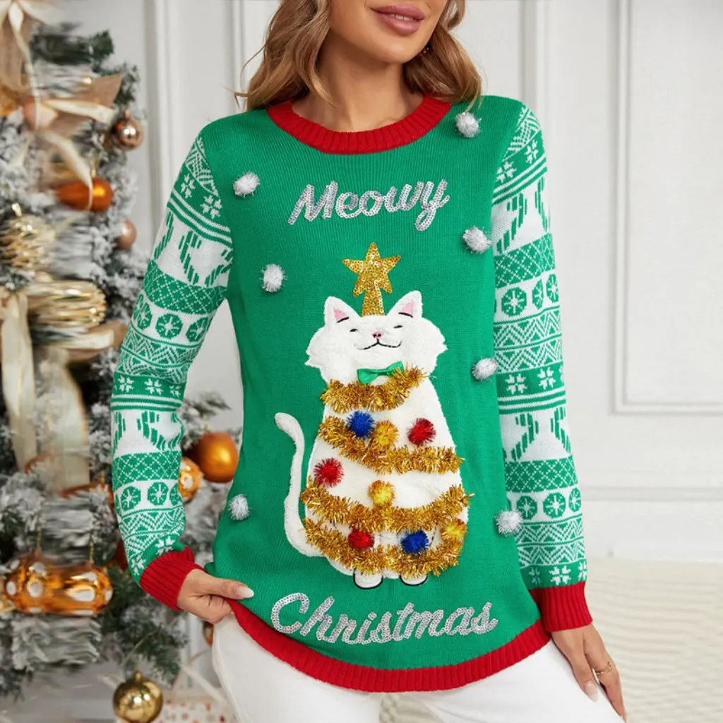 

Women's Christmas Jacquard Pullover Sweater Red Embroidered Cartoon Kitten Design Autumn Winter Fashion Knitwear
