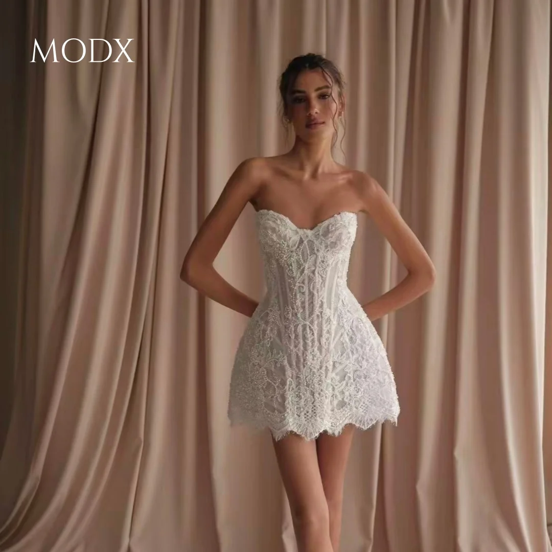 MODX Maßgeschneidertes klassisches Mini-Hochzeitskleid mit Stickerei und Spitze, herzförmiger Ausschnitt, Reißverschluss hinten, A-Linie, After-Party-Brautkleid, Brautkleider