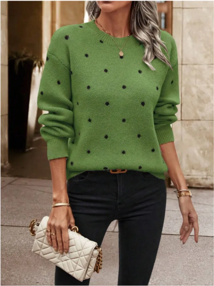 

Casual Polka Dot Print Knitted Pullover Woman's Fashion O-neck Loose Sweater Autumn Winter Ladies Long Sleeves Warm Sweaters