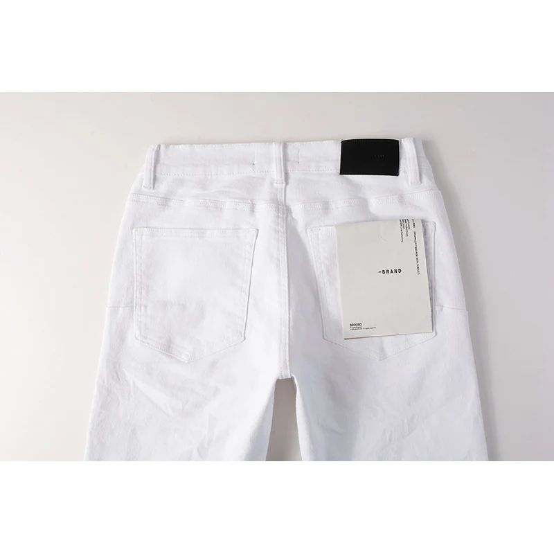 American Streetwear Pantalones vaqueros rasgados en blanco con botones ajustados desgastados blancos para hombre