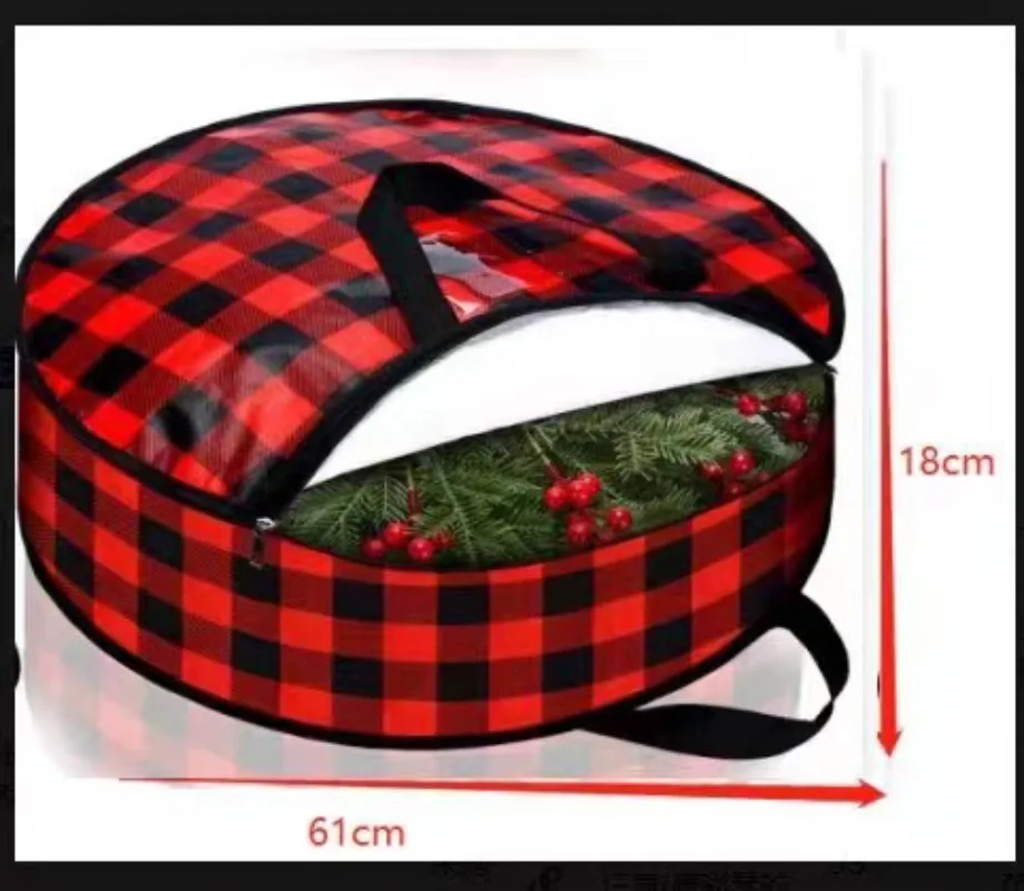 Weihnachts-Aufbewahrungstasche, Weihnachtskranz, Reißverschluss, Aufbewahrungstasche, PP-Farbdruck, filmbedeckt, kariert, runde Tasche, 2025, neuer Trend