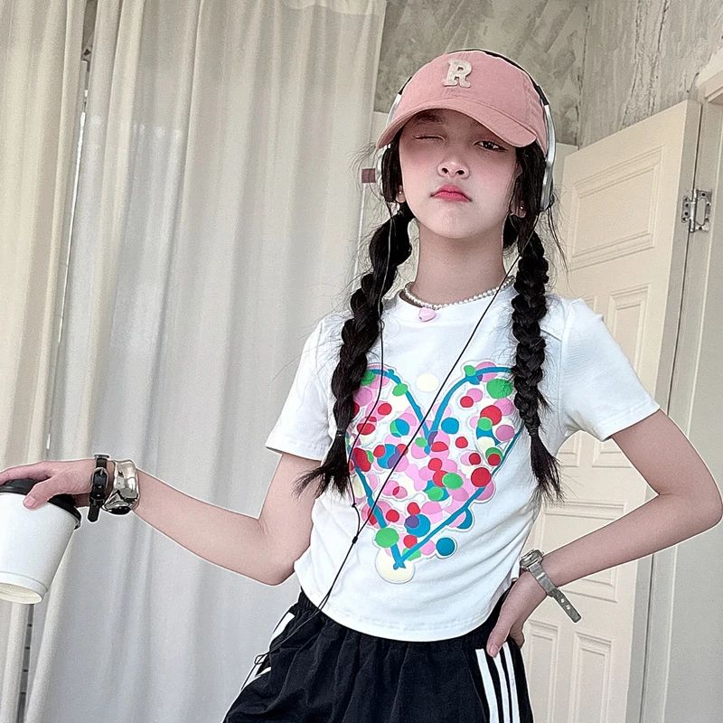 

summer 4 6 8 10 12 14 teenager girls cotton t-shirt white black Love print junior kids top tee child clothes