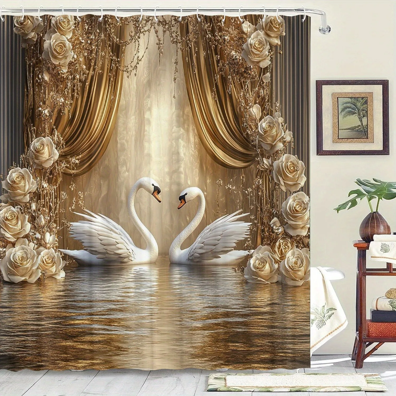 

Моющаяся грязеотталкивающая занавеска для душа с цветочным узором лебедя, водонепроницаемая полиэстеровая занавеска для душа для домашнего декора