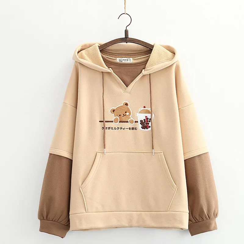 Kawaii Bear Women Hoodie Cute Milk Tea Sweatshirt Harajuku Soft Girls Pullover Winter Warm Tracksuit Outerwear