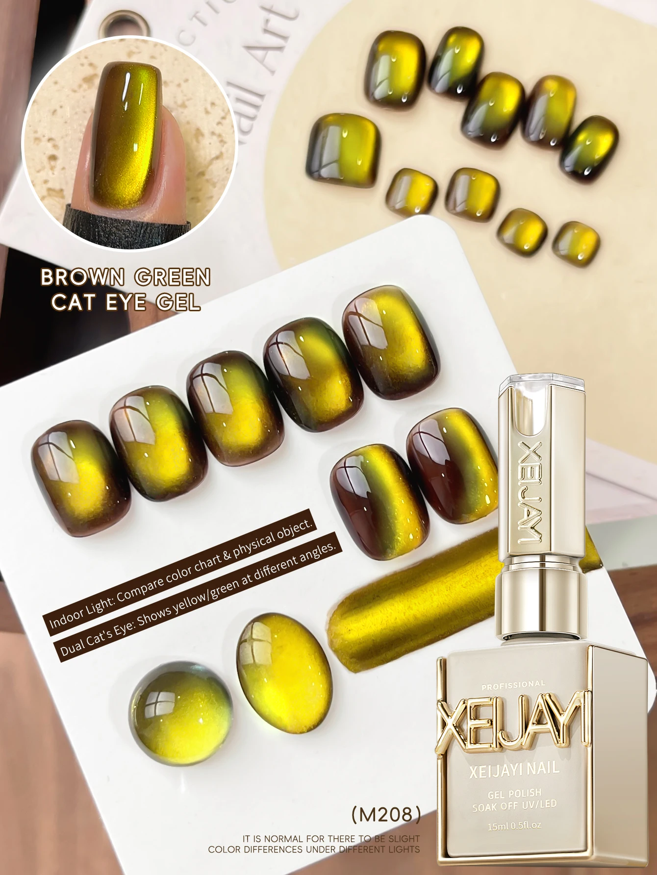 

1pc 15ml Brown Green Cat's Eye Gel Nail Polish 2025 New Pop Color Golden Glass Bead Nail Art For Women And Girls Nail Supplies