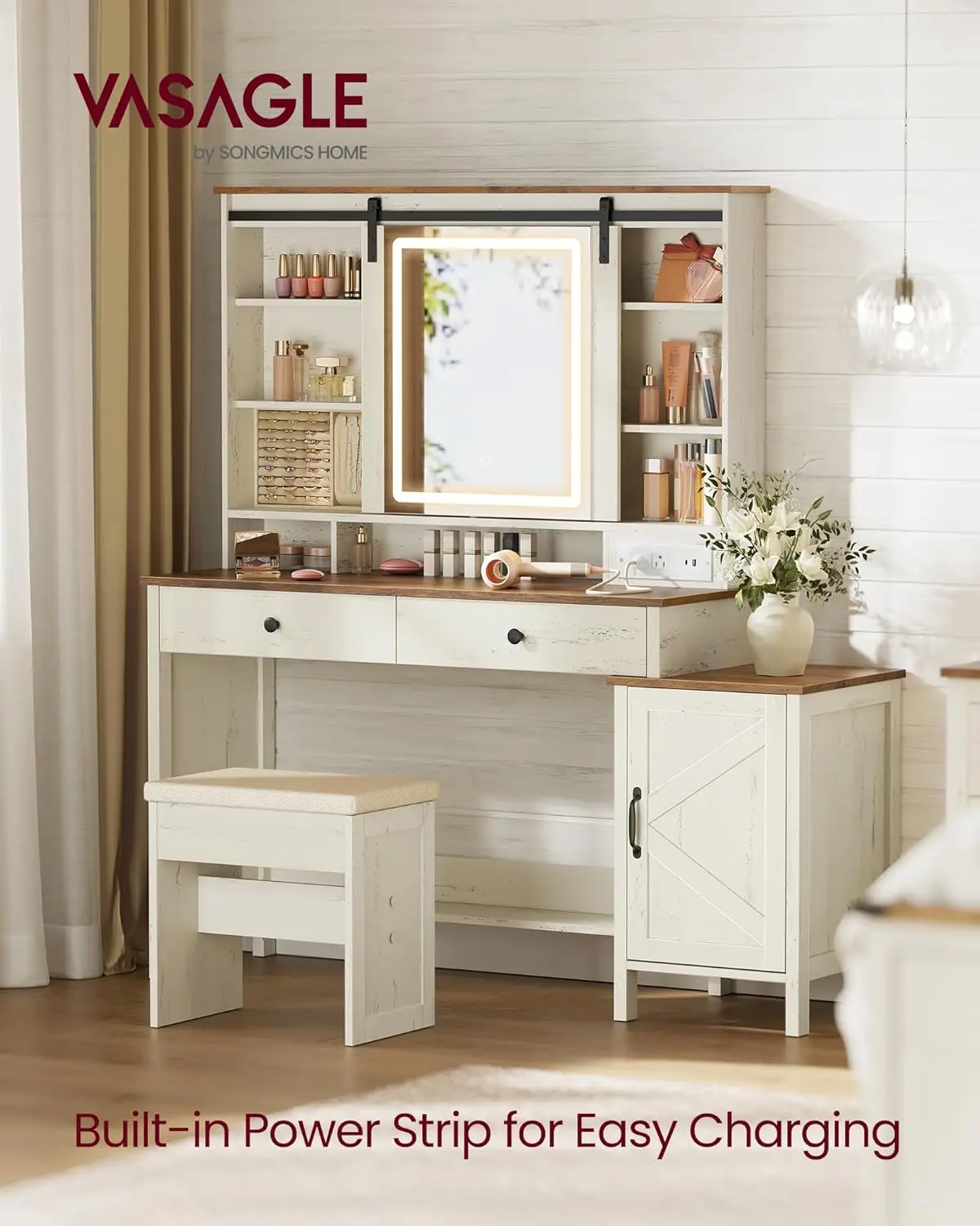 Rustic White and Honey Brown Farmhouse Makeup Vanity for Bedroom, with Wood Material, Stool, Charging Station & 2 Drawers view 2