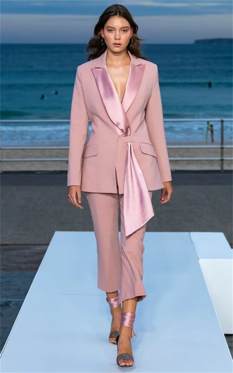 Pink Formal Women Suits Sets 2023 Wedding Tuxedos 2 Pcs Blazer With Belt+Cropped Pants Elegant Prom Evening Dress Custom Made