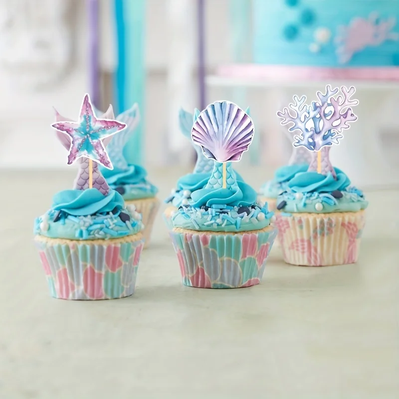 24Pcs Mermaid Birthday Decorations Mermaid Cupcake Toppers for Cake Decorations Under the Sea Birthday Party Supplies