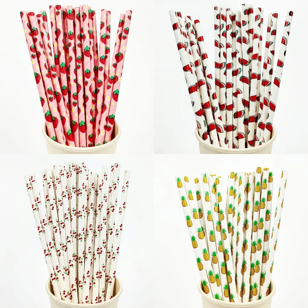 25Pcs Fruit Paper Straws Pineapple Strawberry Lemon Drinking Straws Creative Birthday Wedding Party Decor Supplies Baby Shower