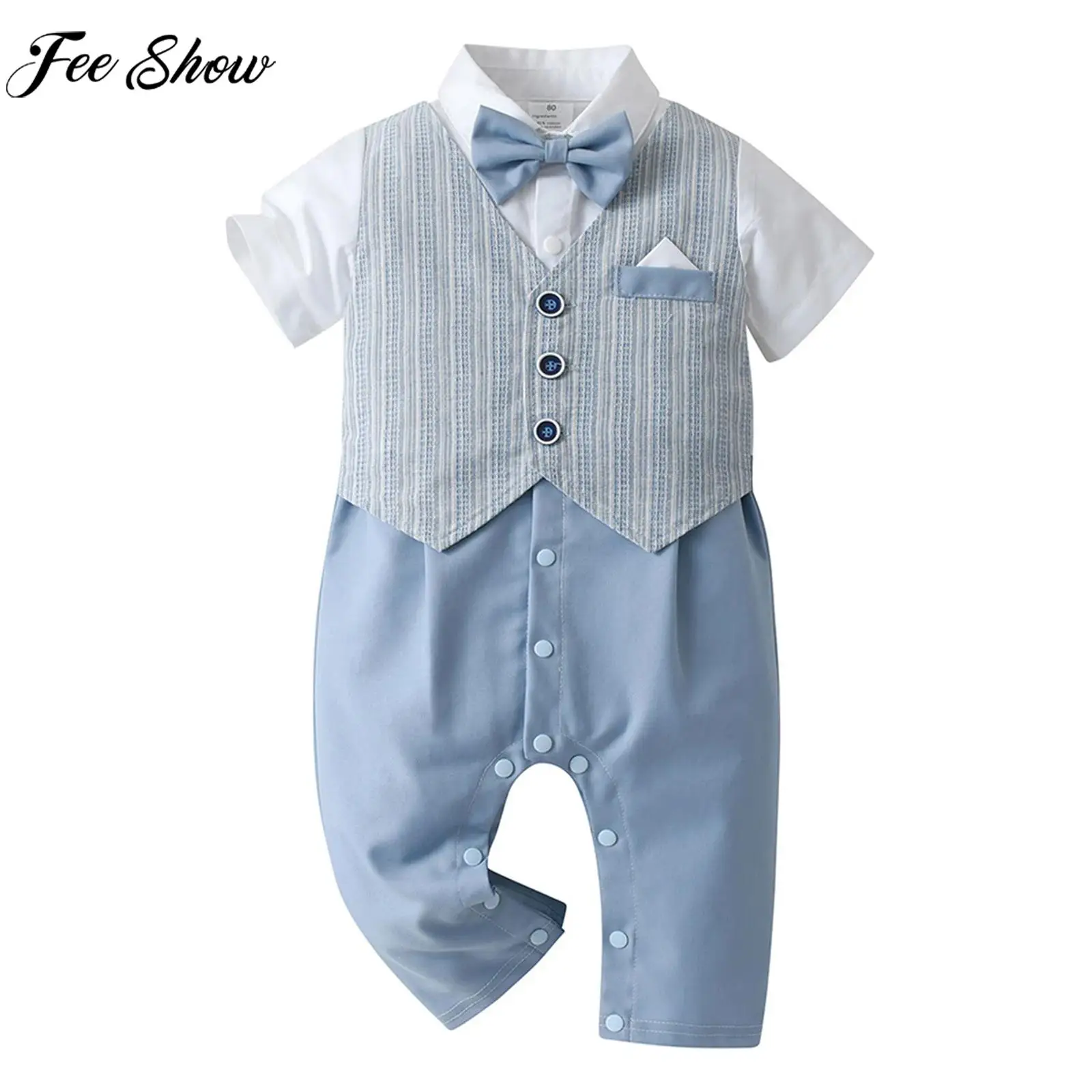 Infant Boys Birthday Wedding Party Gentleman Romper Summer Casual Clothes Short Sleeve Bow Knot Fake Waistcoat Shirt Jumpsuit