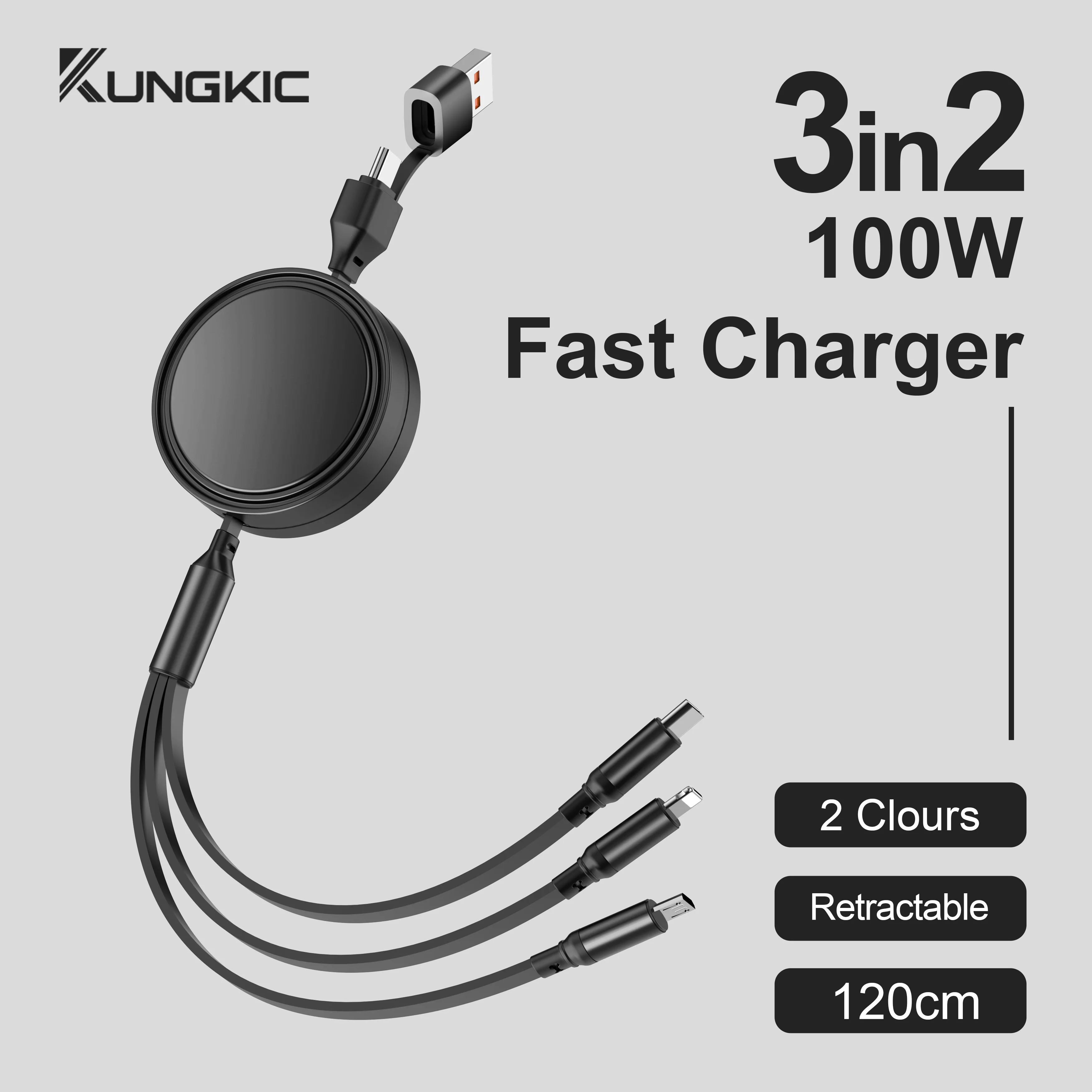 

100W 3 in 2 Stretchable USB Cable for iPhone Fast Charging, Intelligent Trickle Current Control, 1.2m Type C/Micro Cable