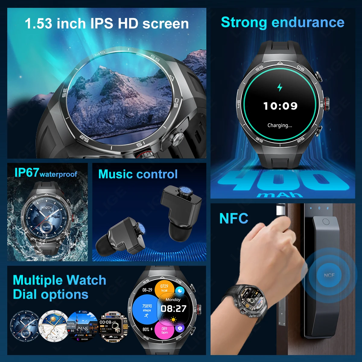 LIGE 스마트워치 헤드폰 내장 1.53인치 AMOLE - Tws Earbuds Bluetooth 5.3 리뷰 및 가격