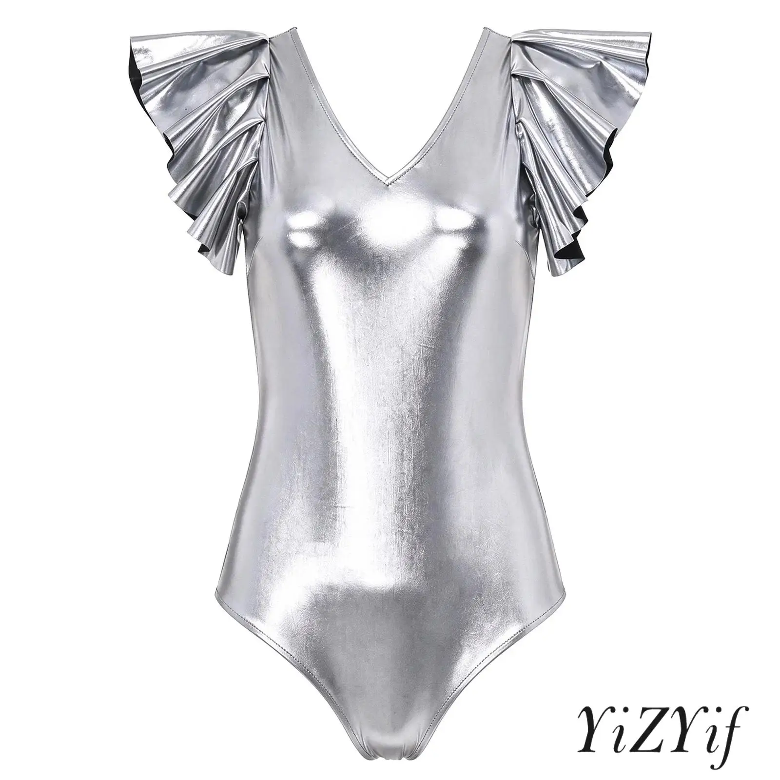 Women Metallic Jazz Dance Bodysuit Ruffled Sleeve V-neck Back Invisible Zipper Leotard for Rave Party Club Music Festival