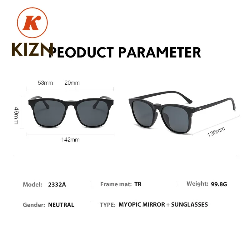 KIZN 스포츠 맞춤형 근시 처방 선글라스 남자 자석 차양 편광 된 클립 태양 안경 안경 프레임 여성 -0.5