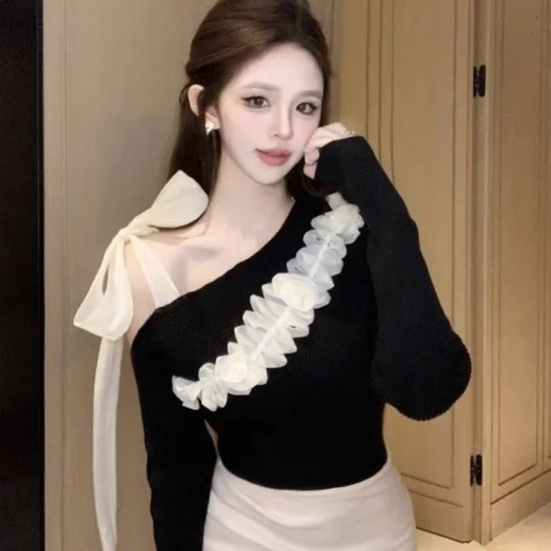 

French Slant Shoulder Bow Bottoming Shirt Women's Fall and Winter High-end Tie Slim Thin Blouse Long-sleeved Shirts for Women