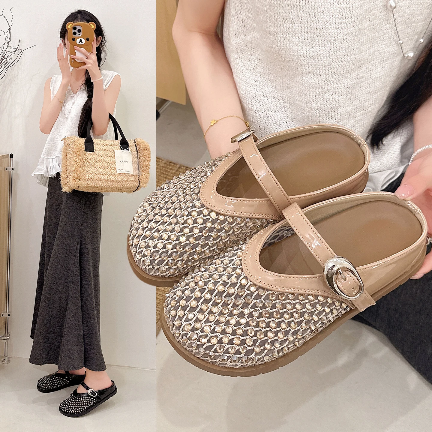 mary-jane-women's-slippers-summer-outdoor-wear-hollow-woven-fishing-net-shoes-headed-flat-bottom-soft-bottom-casual-flats