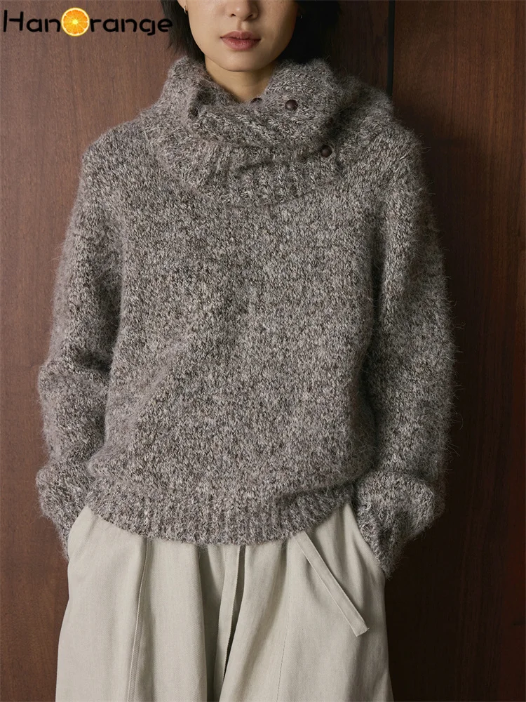 

HanOrange 2025 Winter Retro with Neck Scarf + Knitted Wool Sweater Women Loose Warm 2pcs Set Yellow/Coffee