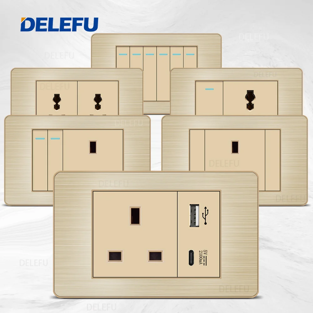 DELEFU Stainless Steel Gold Panel Series UK Switch Socket USB Type C Wall Power Socket