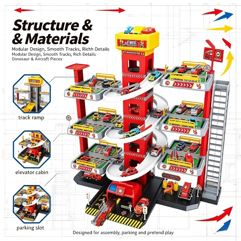 9-Layer Electric Track Parking Garage Toy with Car Lift Fire Truck Dinosaur RC Vehicle Playset for Kids Boys Gift view 5