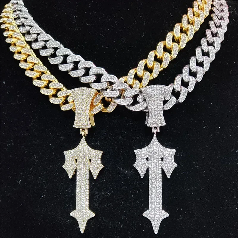 

Men Women Hip Hop Letter Iced Out Cross Sword Necklaces with 13mm Cuban Chain HipHop Pendant Necklace Fashion Charm Jewelry