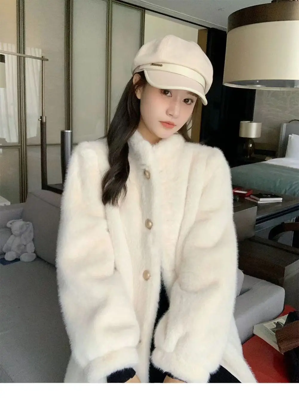 Faux Fur Elegant Coats Womens Golden Round Neck Festival Wife Fashionable Brown Streetwear Pockets Flare Waist Drawstring Down