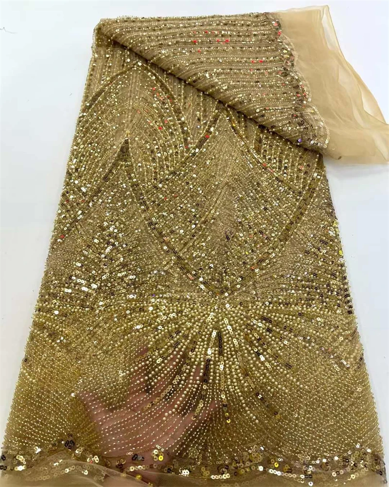 

High Quality AfricanHandmade Beaded Lace Fabirc Sewing sequins Embroidery Nigreian Lace Fabric Women Wedding Dress