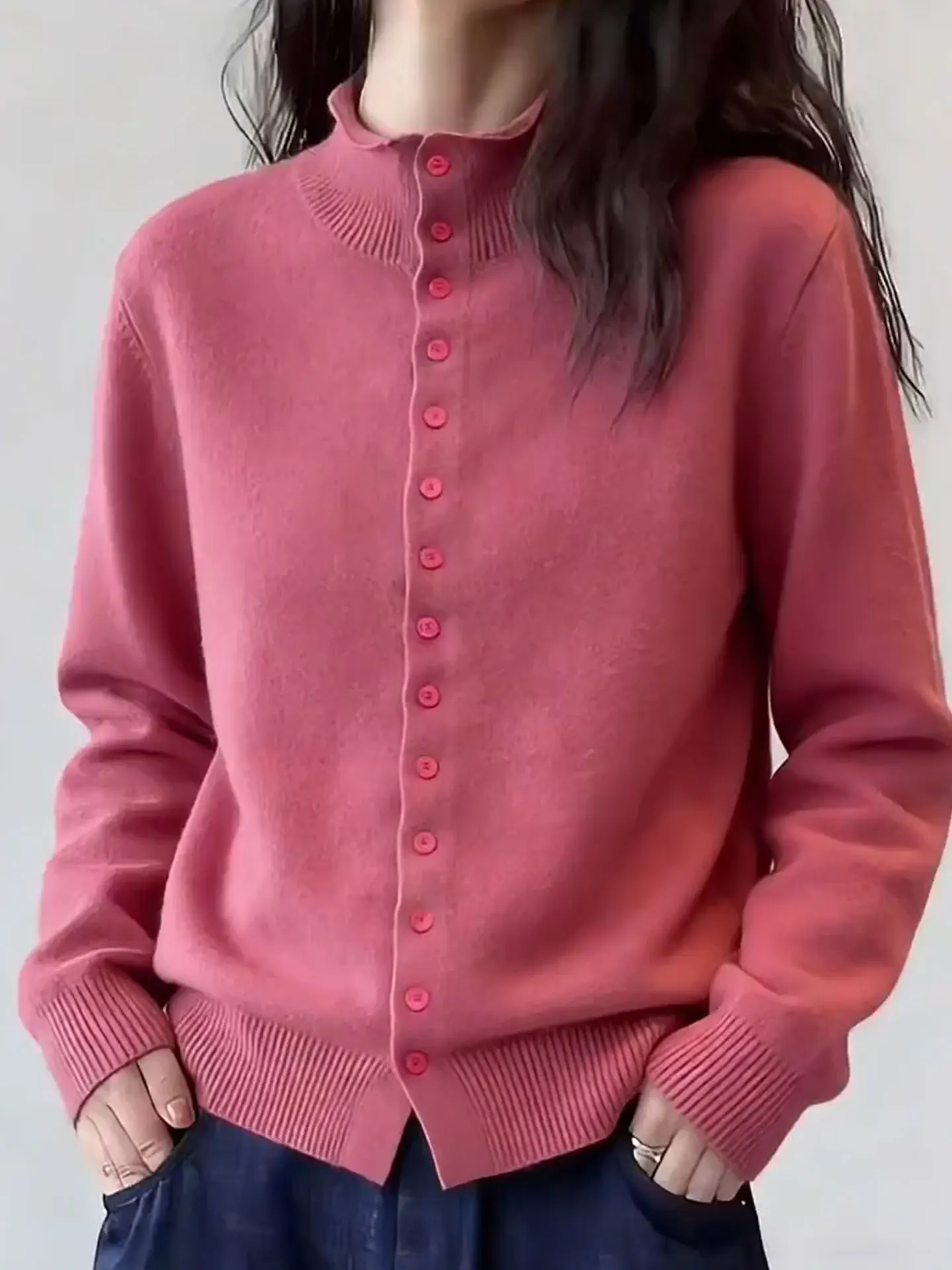 

Ele Pure Color f High Ne Single Button Long Sve Knitwear Casual Versatile Spring Women's Top Korean Sle Commute