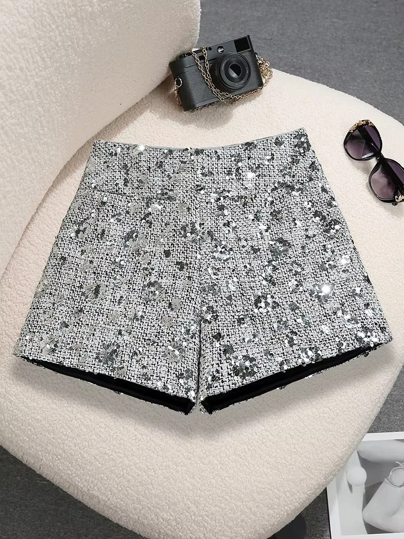 Women's Sequin Wide Leg Shorts High-Waisted Shiny Glitter Party Shorts Nightclub