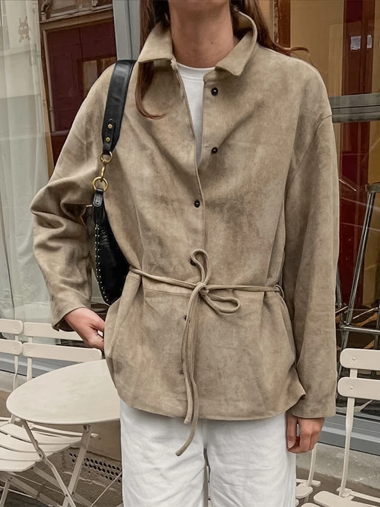 

Trendix 2025 Autumn Vintage Jacket Coats For Women Khaki Casual Lace Up Long Sleeve Cardigan Street Fashion Commuter Jackets