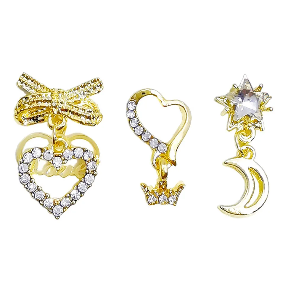 3D Nail Art Charms Heart Bowknot Star Moon Rhinestone Decorations Alloy 10Pcs/Pack Tassel Jewelry Gold/Silver Metal Nail Pendant